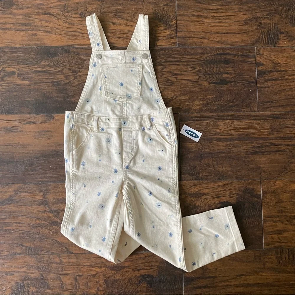 Old Navy Kids Overalls, White with Blue Flowers, Size 5T
